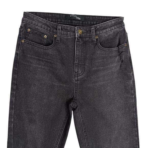 Stitch Star Distressed High Rise Jeans Size Large Washed Black 5 Pockets - Picture 2 of 8
